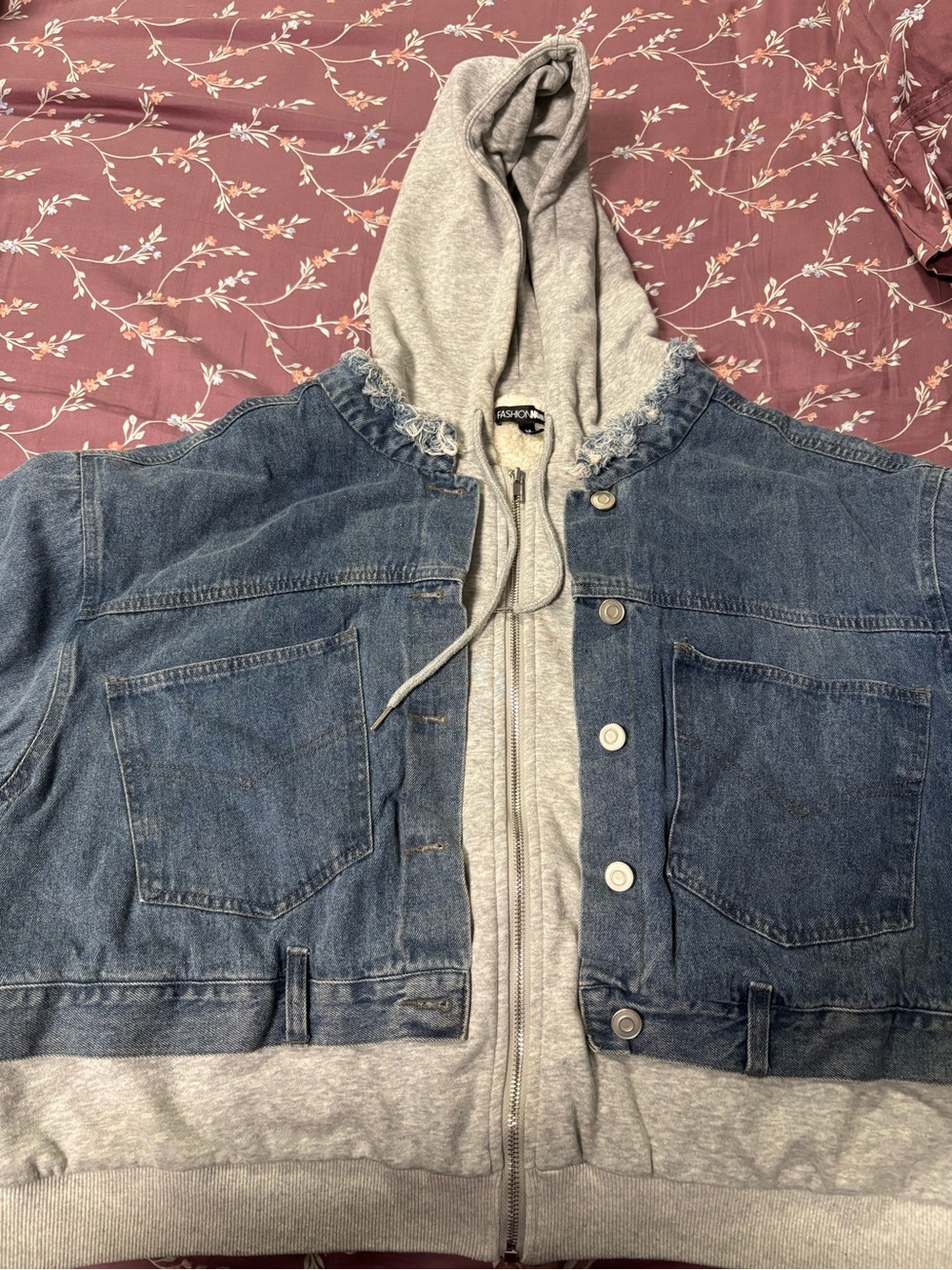Fashion Nova Blue Denim Jacket with Grey Hooded Insert
